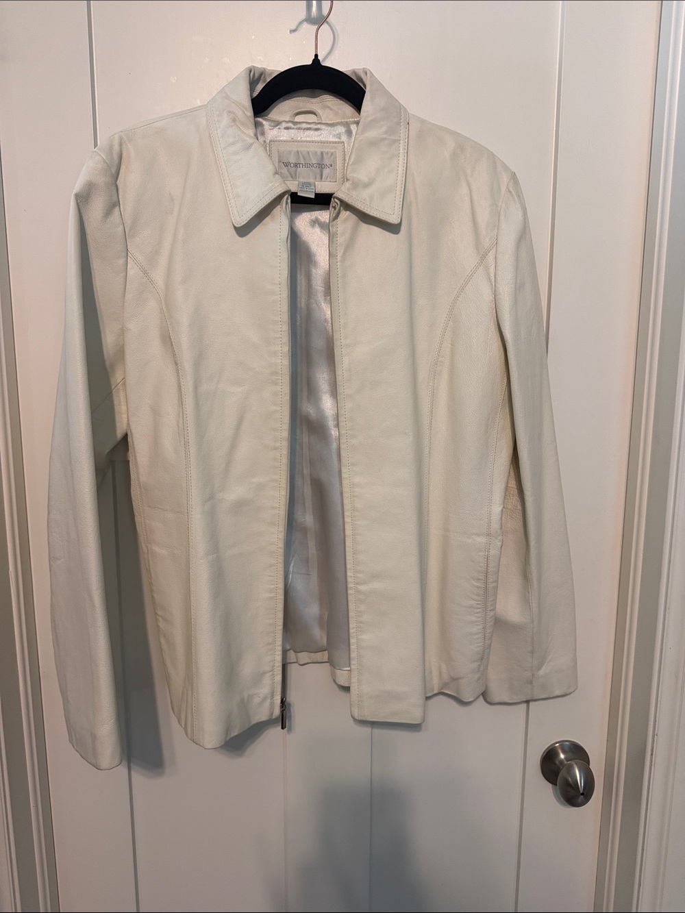 Worthington Vintage Y2K Classic Cream 100% Leather Zip Minimalist Jacket Size L